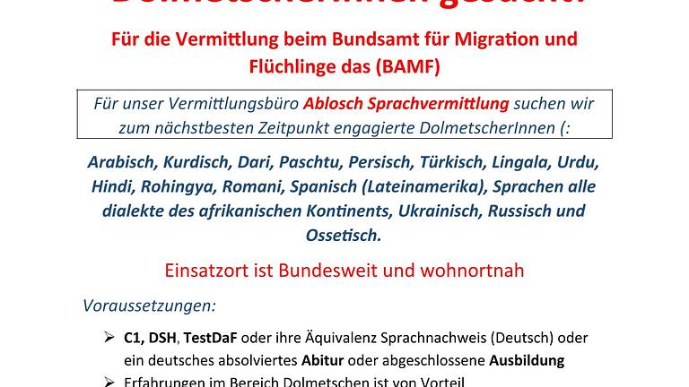 DolmetscherInnen gesucht!Für die Vermittlung beim Bundesamt das (BAMF)